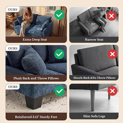Loveseat Sofa with Cloud 3-Layer Cushion & 27" Deep Seat, Modern Small Couch with 2 Washable Pillows for Small Spaces, Bedroom, Apartment, Office, Living Room, in a Box, 50-Inch Blue