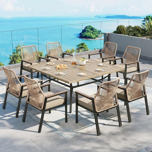 Patio Dining Set 9 Piece, 8 x Woven Rattan Chairs with Waterproof Cushion, 57.5" Square Wood-Like Metal Table with Umbrella Hole, Outdoor Table and Chairs Set for Backyard Lawn and Deck, Beige