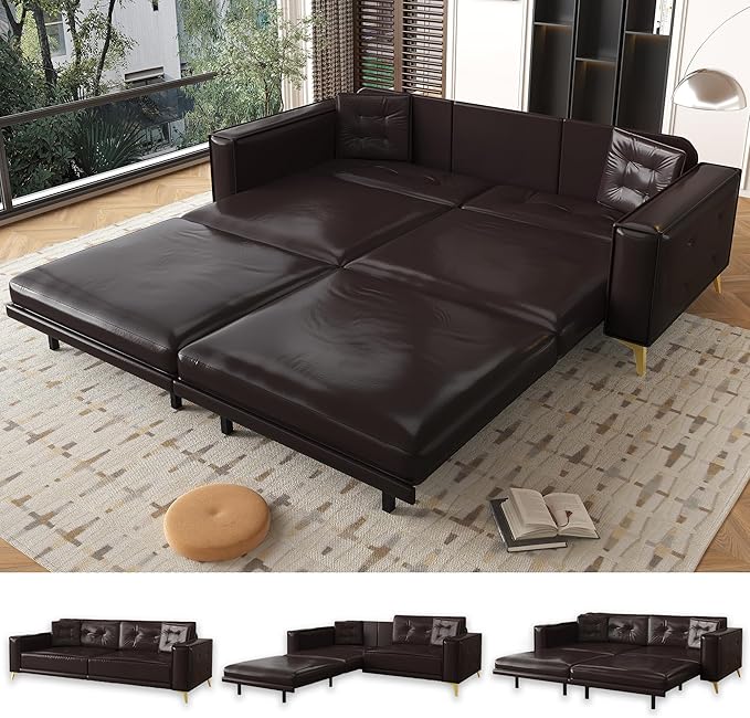 92.1'' Pull Out Sofa Bed King, Faux Leather Futon Couch, 3-in-1 Convertible Sleeper Sofa with Tufted Back, Gold Furniture Legs, Deep Loveseat for Living Room, Apartment, Office, Dark Brown