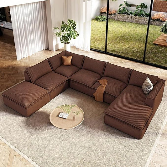 Vesgantti 141.7" Oversized Modular Sectional Sofa, Modern 7 Seater Boneless Couch with Chaise and Ottoman, Deep Seat Plush Corduroy Cloud Style for Living Room, No Assembly Required,Brown