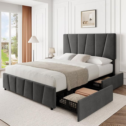 Queen Size Bed Frame with Upholstered Headboard & 4 Storage Drawers with Wheels, Platform Bed Frame with Wooden Slat Support, Adjustable Headboard, No Box Spring Needed, Noise-Free, for Bedroom