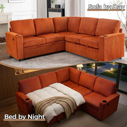 Sectional Sleeper Sofa with Pull Out Bed, Plush Corduroy L Shaped Corner Couch with Storage, USB Ports, Cup Holders, Comfy Sectional Couches for Living Room, Orange
