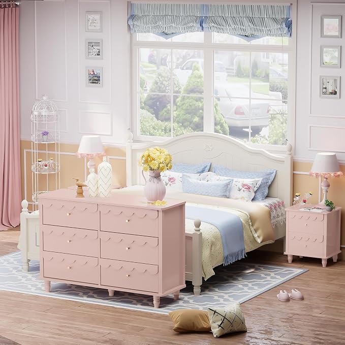 Anbuy Bedroom Sets Scalloped 6 Drawer Dresser and Night Stand Sets for Bedroom, Two Drawers Nightstand Set of 2 & 6 Drawer Dresser Combo 3 Pieces (Pink)