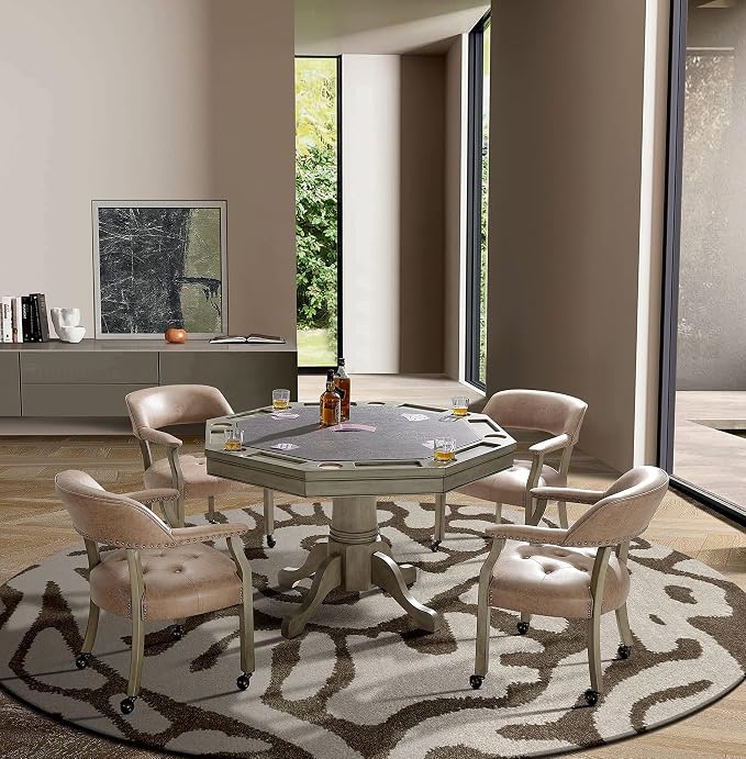 LEEMTORIG Set of 4 Dining Chairs with Casters and Arms, Rolling Dining Chairs with Wheels for Elderly, Ergonomic Wide Seat Wood Office Chairs, 26"Dx25.2"W, Grey Legs&Yellowish Brown Fabric SY-1318-LT