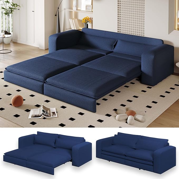 93" King Pull Out Sofa Bed, Boucle Sleeper Sofa Couch, Modern Wide Armrest, 3 in 1 Convertible Futon Couches for Living Room, Small Space, Apartment, Office, Bedroom, Blue