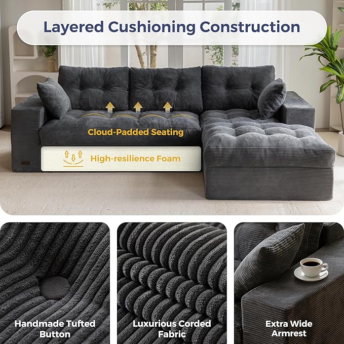 MAXYOYO 104" L Shaped Modular Sectional Sofa with Ottoman, Cloud Boneless Couch with Layered Cushion, Upholstered Sofa Flexible Module Combination for Living Room, No Assembly, Dark Grey