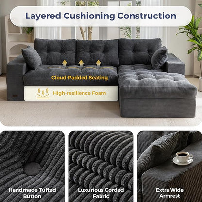 MAXYOYO 104" L Shaped Modular Sectional Sofa with Ottoman, Cloud Boneless Couch with Layered Cushion, Upholstered Sofa Flexible Module Combination for Living Room, No Assembly, Dark Grey