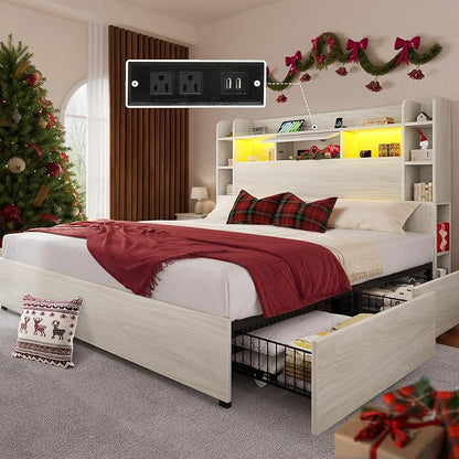 YITAHOME King Bed Frame with Bookcase Headboard and 4 Storage Drawers, RGB LED Light Bed with Type-C & USB Charging Station Storage Headboard Bed Frame, No Box Spring Needed, Noise Free, Antique White