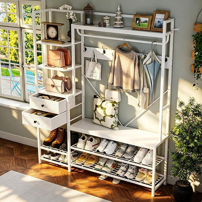 Gyfimoie 7-in-1 White Hall Tree with Bench and Shoe Storage, 55" Wide Entryway Coat Rack with Shoe Storage Shelves & Drawers, Mudroom Bench with Seating and Hooks for Hallway, Entrance