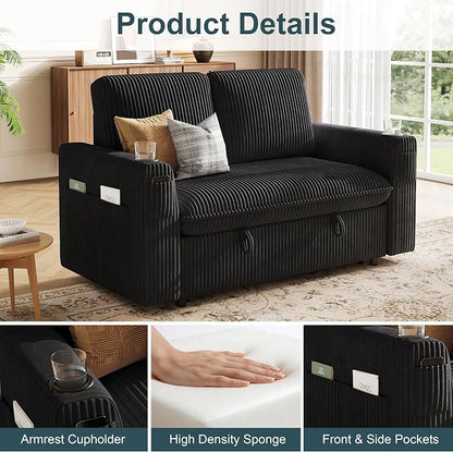 Sleeper Sofa with Pull Out Bed, Plush Corduroy Convertible Sofa Bed with Adjustable Backrest and Cup Holders, Loveseat Sleeper Couches for Living Room, Apartment, Black
