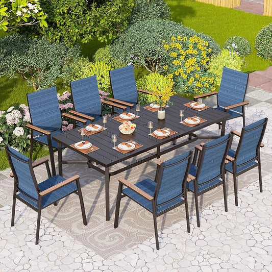 PHI VILLA 9 PCS Patio Dining Set, Aluminum Outdoor Furniture, Patio Table and Chairs for 8, Lightweight Stackable Chairs with Breathable Fabric and Extended Metal Table for Garden Yard Deck, Blue