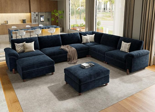 SITJOY Large Cloud Couch, 138" Wide 6 Seater V Shape, Chenille in Navy Blue | Detachable and Washable Chenille Cover Sectional Sofas for Living Room, Deep Seat Wide Couch with Chaise, Storage Ottoman