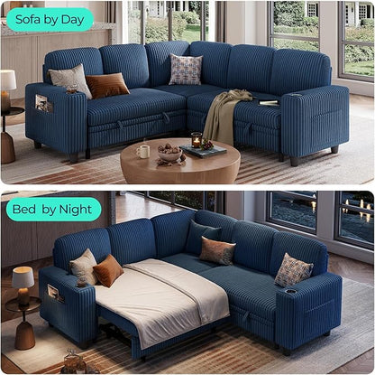 LINSY HOME Pull Out Sofa Bed Sectional Sleeper Sofa with Storage, Plush Corduroy Pullout Modular Sectional Couches for Living Room, L Shaped Convertible Couch Bed for Apartment (Blue)