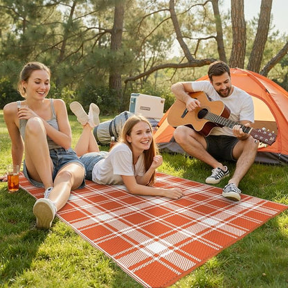 GENIMO Waterproof Outdoor Rug for Patio Clearance, 3'x5' Reversible Plastic Straw Rugs, Lightweight RV Camping Mat for Camper, Balcony, Deck, Backyard, Picnic, Orange White Plaid