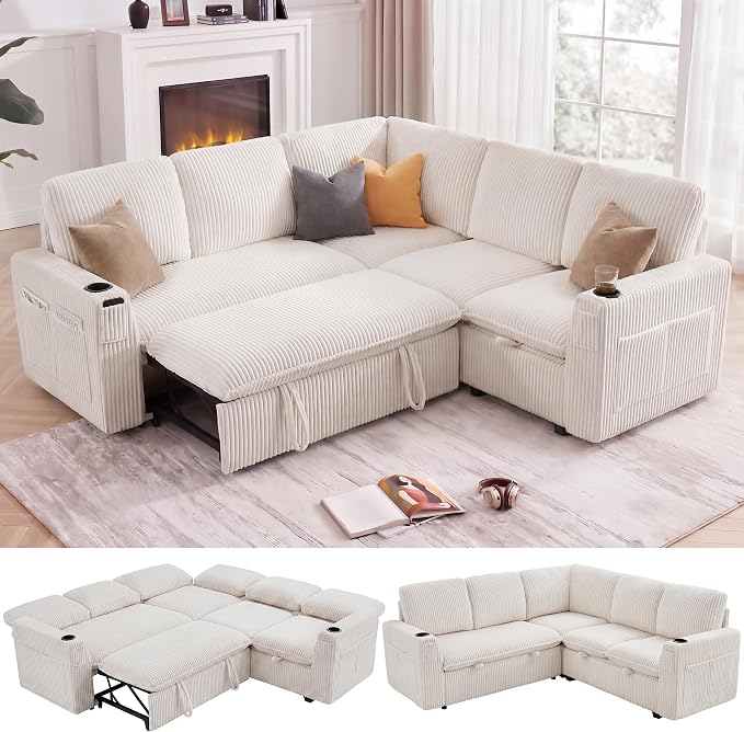 Sectional Sleeper Sofa with Pull Out Bed, Plush Corduroy 5 Seat Modular Sectional Sofa with Storage Chaise and Adjustable Backrest, Cloud Couches for Living Room, Apartment, Beige