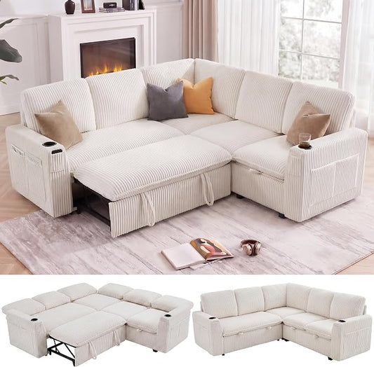Sectional Sleeper Sofa with Pull Out Bed, Plush Corduroy 5 Seat Modular Sectional Sofa with Storage Chaise and Adjustable Backrest, Cloud Couches for Living Room, Apartment, Beige