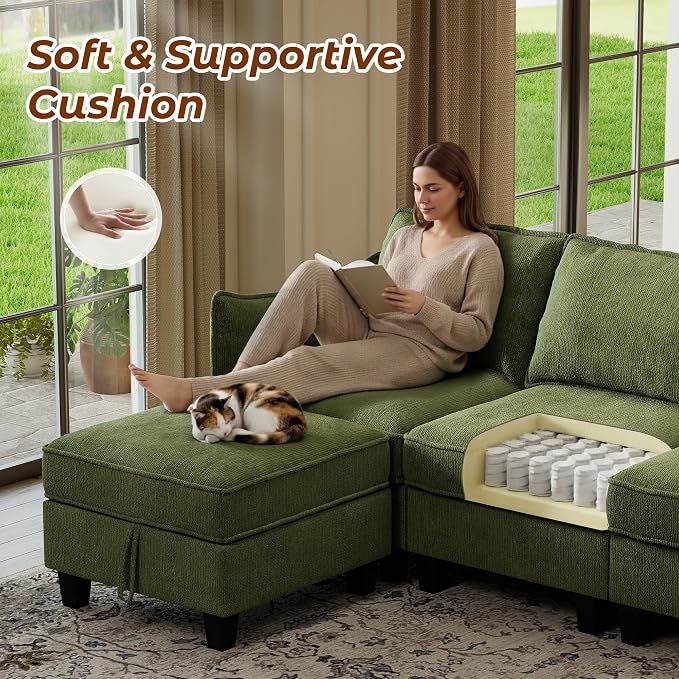 WorthFurni Modular Sectional Sofa L Shape Couches with Storage Ottoman and Washable Cushion Cover for Living Room, Apartment, Bedroom(Green)