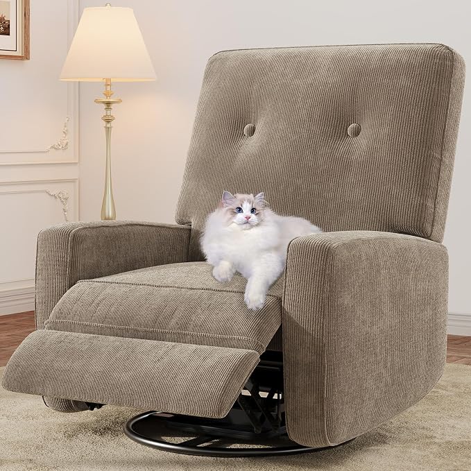 IDEALHOUSE Recliner Chair, 360° Swivel Rocking Glider Chair for Adults with Adjustable Backrest & Footrest, Cozy Corduroy Upholstered Armchair for Living Rooms, Bedrooms, Apartments, Brown
