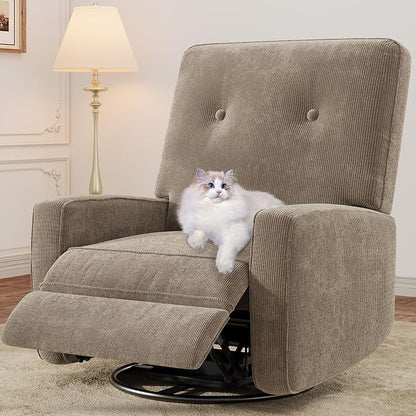 IDEALHOUSE Recliner Chair, 360° Swivel Rocking Glider Chair for Adults with Adjustable Backrest & Footrest, Cozy Corduroy Upholstered Armchair for Living Rooms, Bedrooms, Apartments, Brown