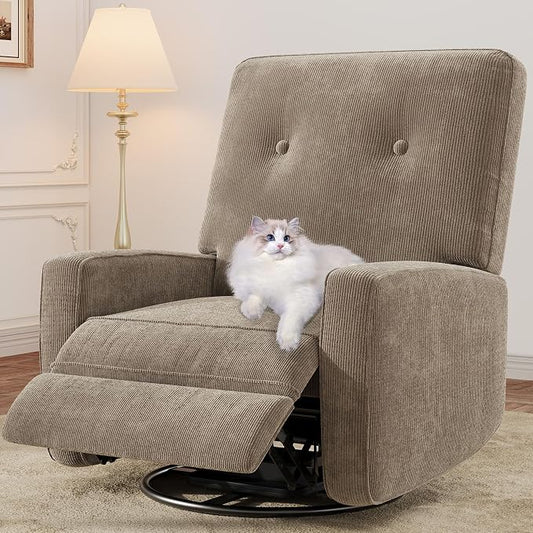 IDEALHOUSE Recliner Chair, 360° Swivel Rocking Glider Chair for Adults with Adjustable Backrest & Footrest, Cozy Corduroy Upholstered Armchair for Living Rooms, Bedrooms, Apartments, Brown