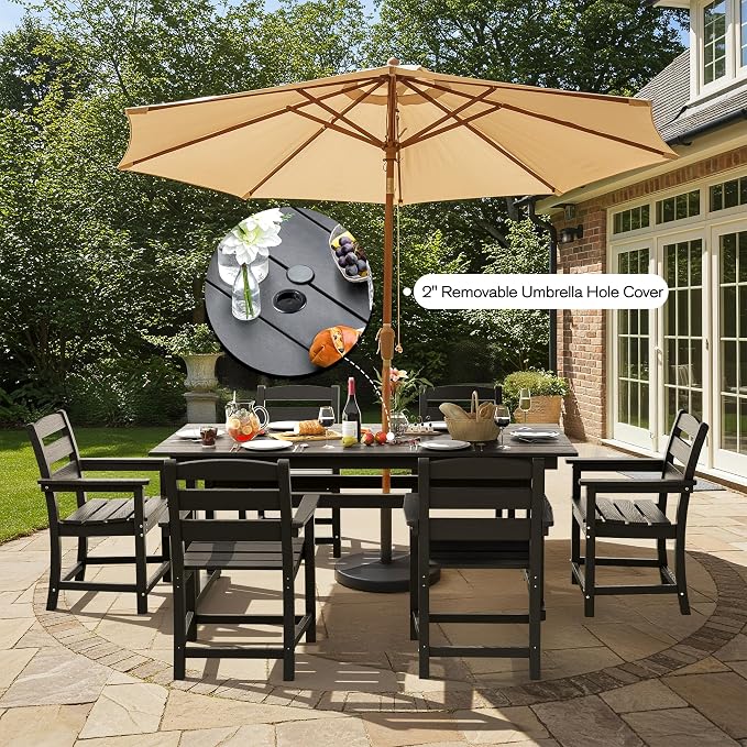 nalone 5-Piece Patio Dining Table Set, HDPE Outdoor Dining Sets with Table and 4 Chairs, Dining Furniture Set with Umbrella Hole (Black, 5 Pcs)