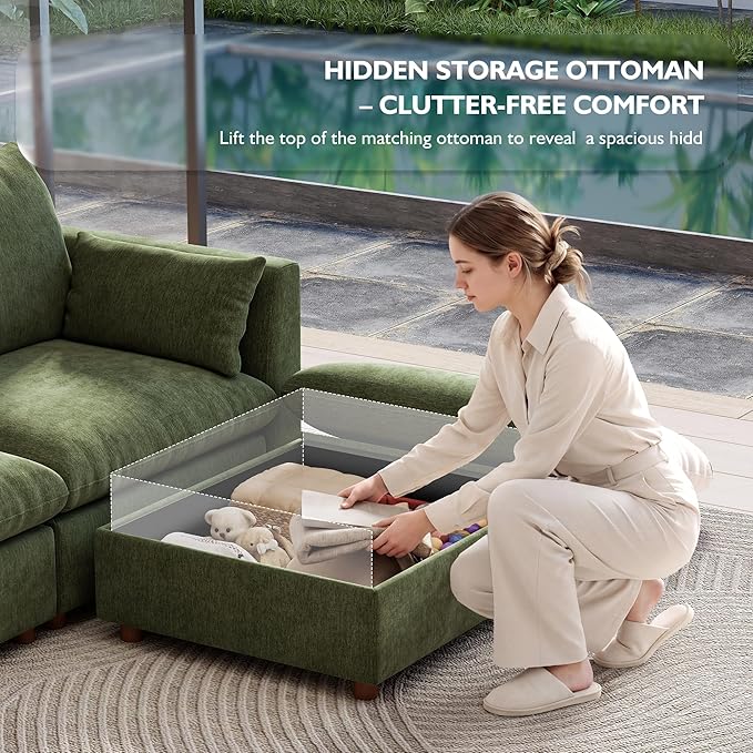 Ihanherry 117" Oversized Modular Sectional Sofa, Modern L Shaped Cloud Couch with Storage Ottoman, 4-Seat Comfy Chenille Deep Seat Sofa with 2 Pillows for Living Room, Green