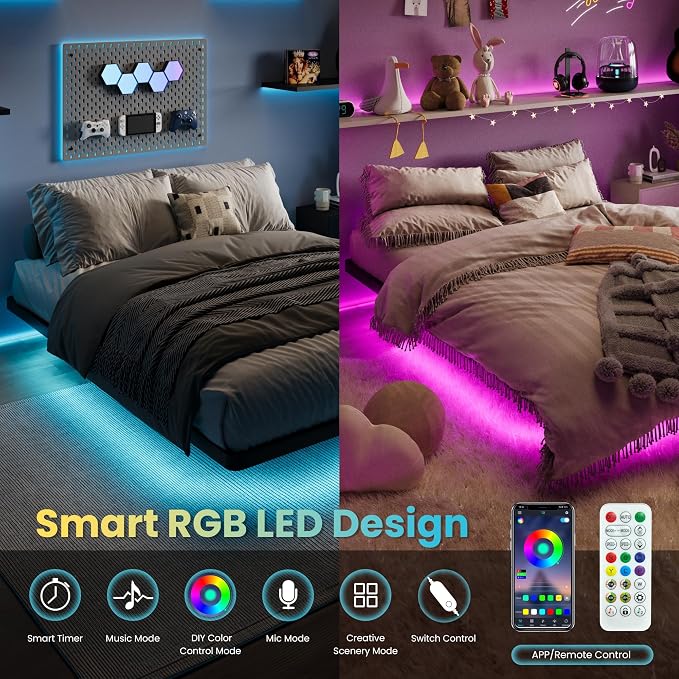 SHA CERLIN Queen Size Floating Bed Frame with Smart LED Lights, Black | Modern Design Metal Platform Bed with Power Strip, No Box Spring Needed, Noise-Free, Easy Assembly