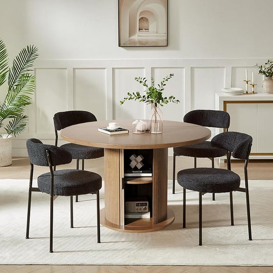 SoarFlash Dining Chairs, Black Boucle Dining Chairs Set of 4, Kitchen Dining Room Chairs Curved Backrest Upholstered Mid Century Modern Chairs with Black Metal Legs