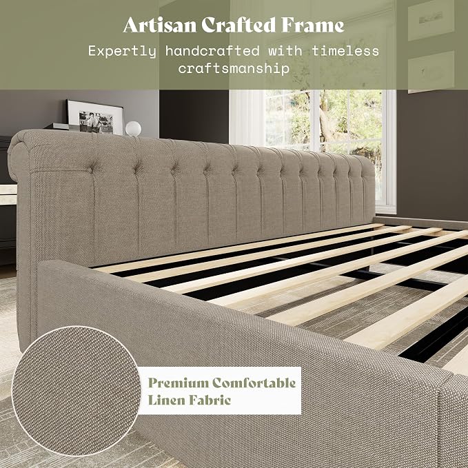 AMERLIFE Queen Size Platform Bed Frame, Linen Upholstered Sleigh Bed with Scroll Wingback Headboard & Footboard/Button Tufted/No Box Spring Required/Khaki