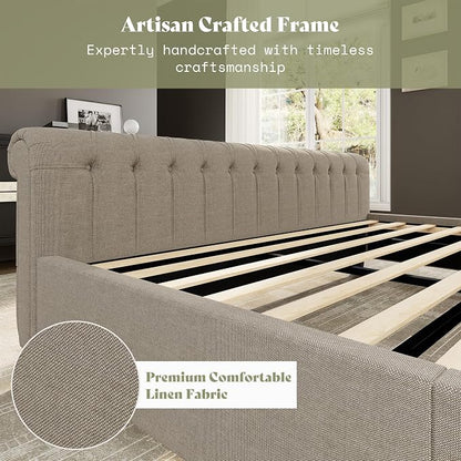 AMERLIFE Queen Size Platform Bed Frame, Linen Upholstered Sleigh Bed with Scroll Wingback Headboard & Footboard/Button Tufted/No Box Spring Required/Khaki