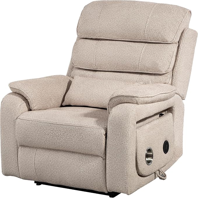 JIKFRIMA Power Lift Recliners Chairs for Elderly Adults Lay Flat Recliner with Heat & Massage, Wireless Charging Device, USB Ports, Cup Holder, Lumbar Pillow, 400Lbs（Grainy Fibric,Oatmeal）