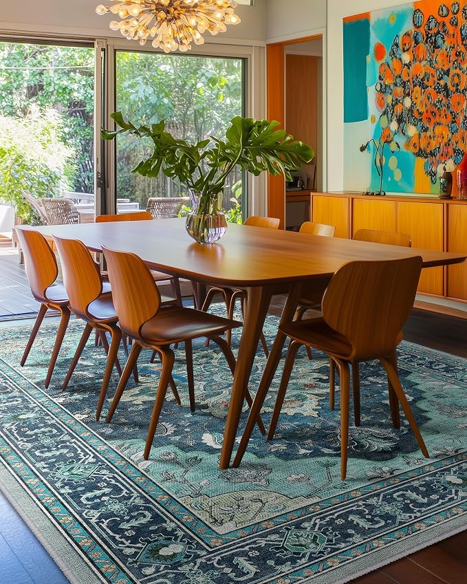 RELEANY Area Rugs Large 10'x12' Washable Non-Slip, Floral Vintage Distress Medallion Carpet for Living Room Bedroom Dining Room, Teal Green Lake Blue Turquoise
