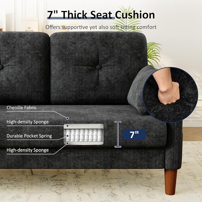 Vipbear 48" Loveseat Sofa,Modern Small Couches for Small Spaces,Black Chenille Love Seat Couch for Living Room,Bedroom,Apartment,Office,Deep Seat,Throw Pillow,Side Pockets,Curved Armrest