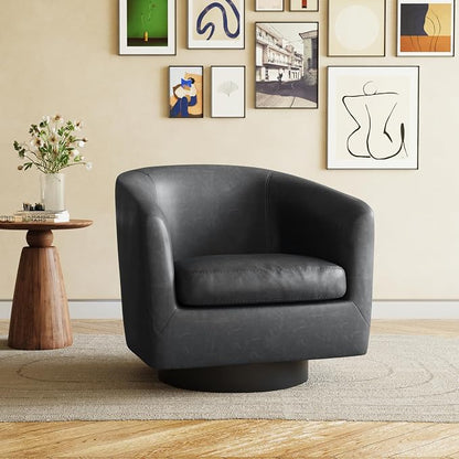 Swivel Accent Chair, Faux Leather Barrel Club Arm Chair Upholstered Round Armchair for Lving Room, Modern Small Bedroom Reading Seat - Black