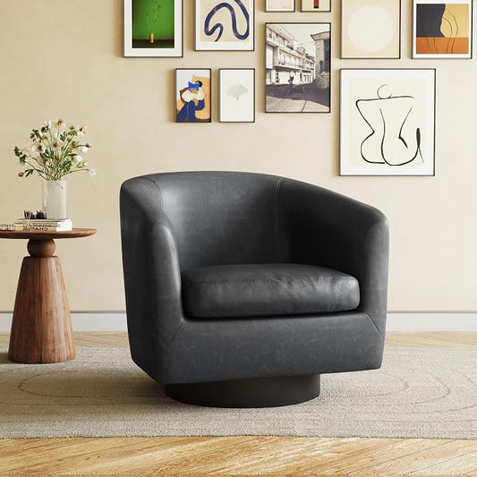 Swivel Accent Chair, Faux Leather Barrel Club Arm Chair Upholstered Round Armchair for Lving Room, Modern Small Bedroom Reading Seat - Black