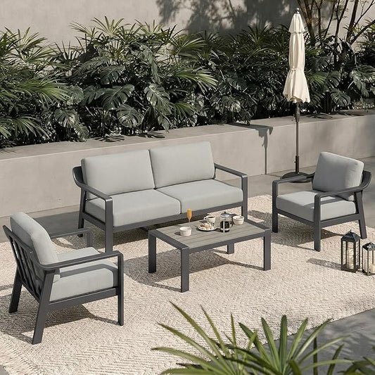 KISLOT Aluminum Outdoor Patio Furniture Set with Coffee Table,4 Seater Patio Conversation Sets with Washable Thick Cushions,Outdoor Sectional Furniture Set for Poolside, Balcony,Gray Aluminum Frame