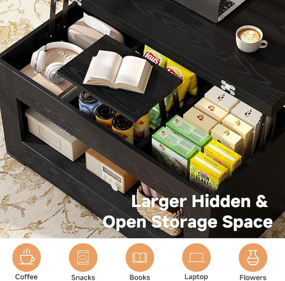 UNIQUITE 40" Lift Top Coffee Table, 4 in 1 Multi-Function Lift Coffee Tables with Storage and Hidden Compartment, Convertible Wood Coffee Tables to Dining Table for Living Room, Black