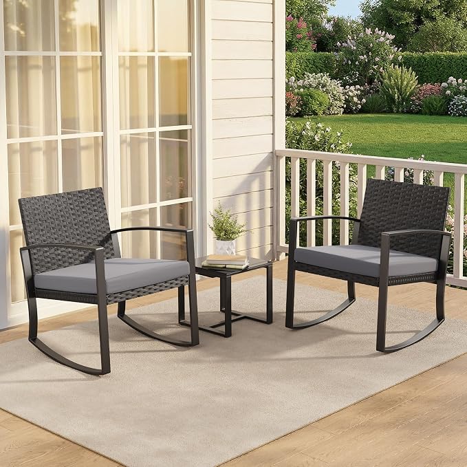 Qsun 3 Pieces Patio Furniture Set Rocking Bistro Set Outdoor Rattan Conversation with Coffee Table for Garden Balcony Backyard Poolside (Grey Cushion)