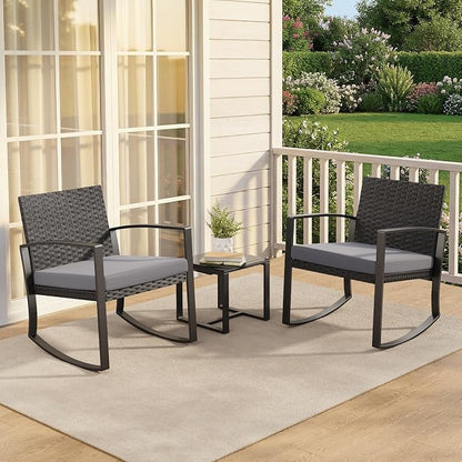 Qsun 3 Pieces Patio Furniture Set Rocking Bistro Set Outdoor Rattan Conversation with Coffee Table for Garden Balcony Backyard Poolside (Grey Cushion)
