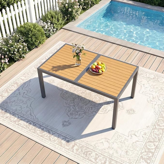 Aluminum Outdoor Table for All-Weather, 59" Patio Tables with Heavy Duty HDPS Rectangular Tabletop, Outside Table with Quick-Drying Slatted Design for Patio, Garden, Deck, Porch, Poolside, Backyard