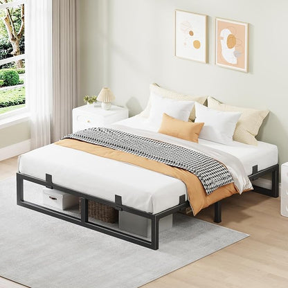 King Size Bed Frame, 12 Inch Metal Platform Bed Frames with Squeak Free U-Slot Design, 6 Non-Slip Guards, 3500lbs Heavy Duty Steel Slat Support, No Box Spring Needed, Under Bed Storage, Black