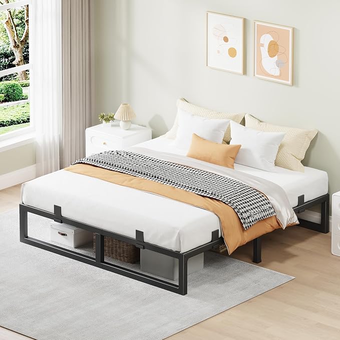 Queen Bed Frame, 10 Inch Metal Platform Bed Frames with Squeak Free U-Slot Design, 6 Non-Slip Guards, 3500lbs Heavy Duty Steel Slat Support, No Box Spring Needed, Under Bed Storage, Black
