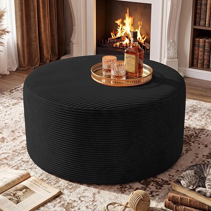 BSHOMGI Round Coffee Table Ottoman for Corduroy Cloud Sectional Couches in a Box Memory Foam Compressed Pouf Footstool Rest for Living Room, Bedroom, Makeup Room No Assembly Require(Black, 27.6")