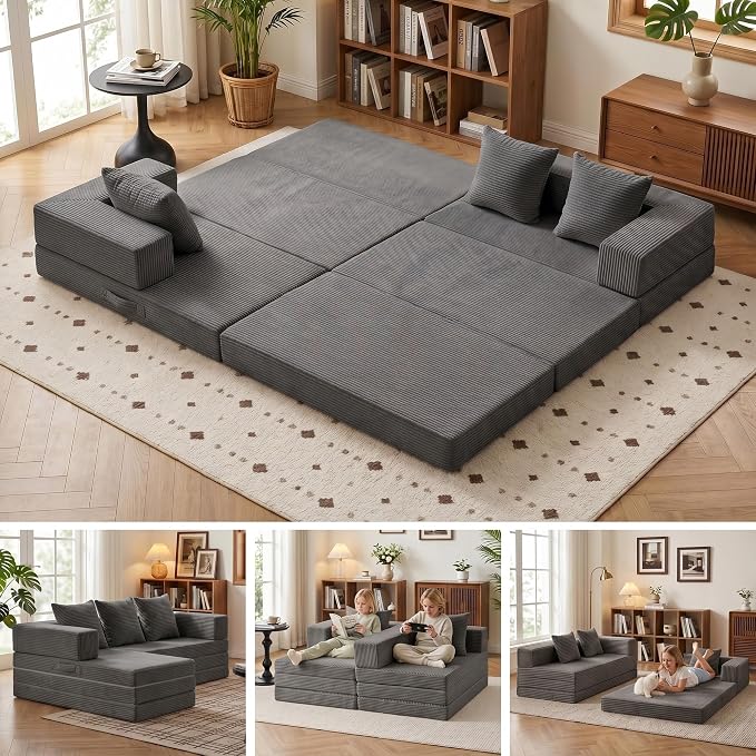 6-in-1 Tri-Folding Mattress | Cloud Boneless L-Shaped Modular Sectional Couches | Corduroy Pet-Friendly Convertible Futon Sofa Bed with 800LB Capacity Apartment, Guest Room, Game Room