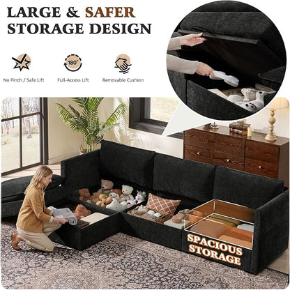 Ihanherry 103" Modular Sectional Sofa with Storage, L Shaped Cloud Couch with Movable Ottomans & 4 Pillows, Chenille Deep Seat Sectional Couches for Living Room, Apartment (Black)