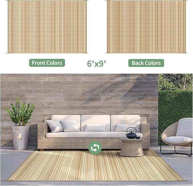 GENIMO Outdoor Rug for Patio Clearance, 6'x9' Reversible Plastic Straw Rugs, Lightweight Waterproof RV Camping Mat for Camper, Balcony, Deck, Backyard, Picnic, CoffeeBeige