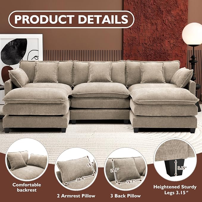 Ihanherry 111.4" U Shaped Modern Sofa Modular Sectional Luxurious and Comfortable with 2 Ottoman, 5-Seat Chenille Deep Seat Sofa with Pillow for Living Room, Bedroom and Apartment, Sand