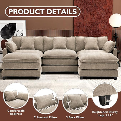 Ihanherry 111.4" U Shaped Modern Sofa Modular Sectional Luxurious and Comfortable with 2 Ottoman, 5-Seat Chenille Deep Seat Sofa with Pillow for Living Room, Bedroom and Apartment, Sand