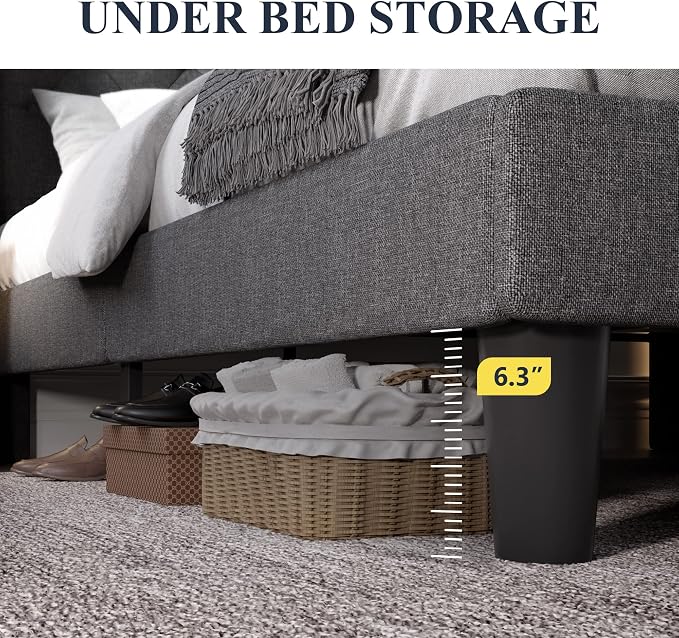 Allewie Full Size Bed Frame with Button Tufted Wingback Headboard, Modern Fabric Upholstered Platform Bed Frame with Strong Wood Slat Support, No Box Spring Needed, Easy Assembly, Dark Grey