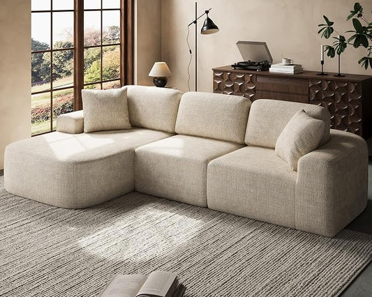 Dowinx 107" Boneless Cloud Couch, Modular Sectional Sofa with Deep Seat & Chaise, No Assembly Sofa-in-Box, Convertible L-Shape for Living Room Apartment, Bouclé, Oatmeal Beige
